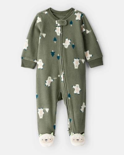 Baby Boy Yeti Fleece Loose Fit 2-Way Zip Sleep & Play Pajamas - Green