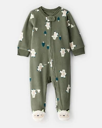 Baby Boy Yeti Fleece Loose Fit 2-Way Zip Sleep & Play Pajamas - Green
