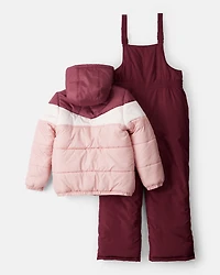 Girls 2-Piece Color Block Hooded Snowsuit Jacket & Bib Set - Pink/Red