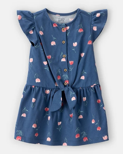 Toddler Floral Button-Front Flutter Sleeve Dress - Blue