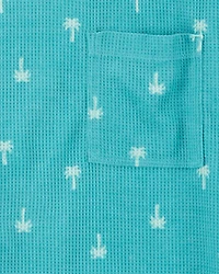 Boys Palm Tree Print Loose Fit Waffle Knit 2-Piece Pajamas - Turquoise