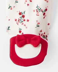 Baby Girl Bow Floral Print 100% Cotton Sleep & Play Pajamas - White/Red