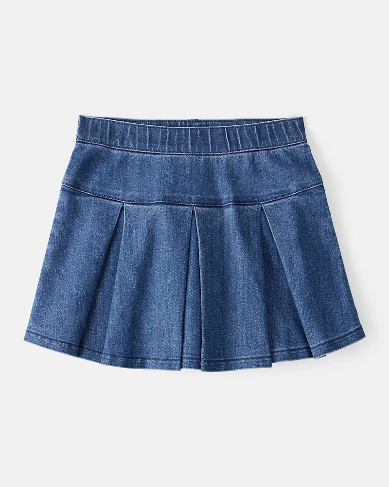 Kid Pull-On Pleated Denim Skort - 70s Blue Wash