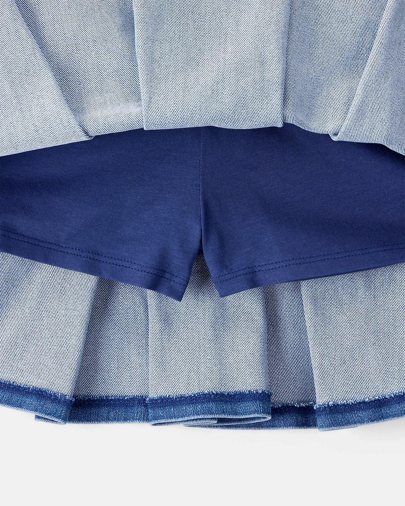 Kid Pull-On Pleated Denim Skort - 70s Blue Wash