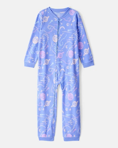 Girls Space Print Loose Fit Long-Sleeve Zip-Up 1-Piece Pajamas - Blue