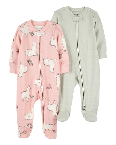 Baby 2-Pack 2-Way Zip Cotton Sleep & Play Pajamas - Pink/Green