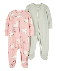 Baby 2-Pack 2-Way Zip Cotton Sleep & Play Pajamas - Pink/Green