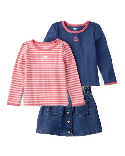 Toddler Girl 3-Piece Long-Sleeve Tops & Denim Skirt Set - Multi