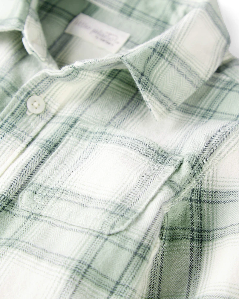 Toddler Organic Cotton Herringbone Button-Front Shirt in Plaid