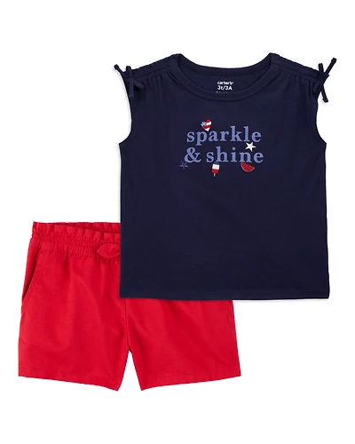 Toddler 2-Piece Sparkle & Shine 4th Of July Tee & Twill Bow Shorts Set - Navy/Red