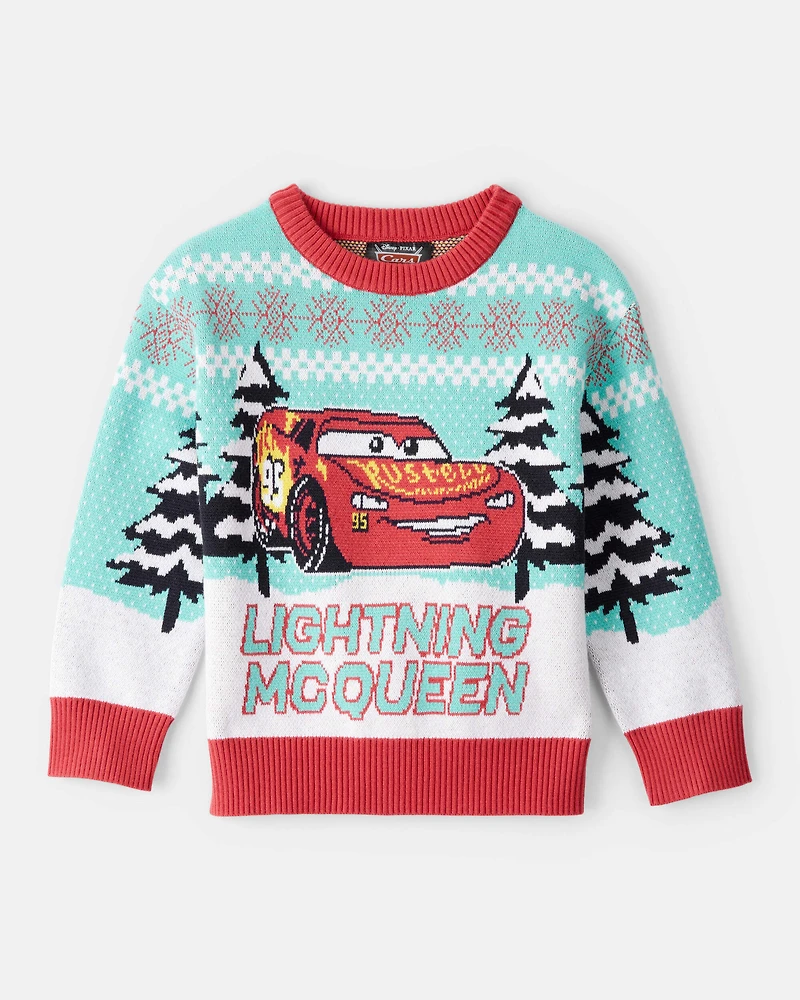 Toddler Boy Cars Lightening McQueen Christmas Sweater - Blue/Red