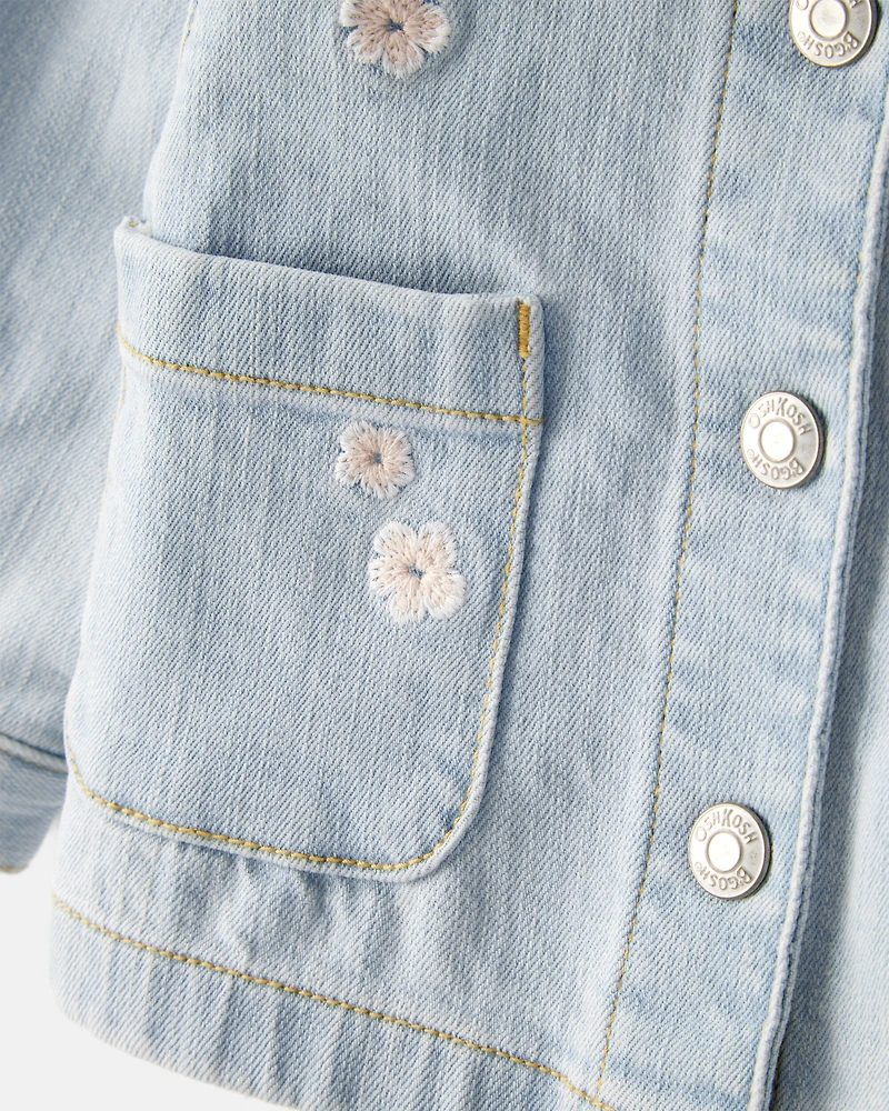 Baby Girl Flower Embroidered Denim Jacket - Light Wash