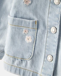 Baby Girl Flower Embroidered Denim Jacket - Light Wash