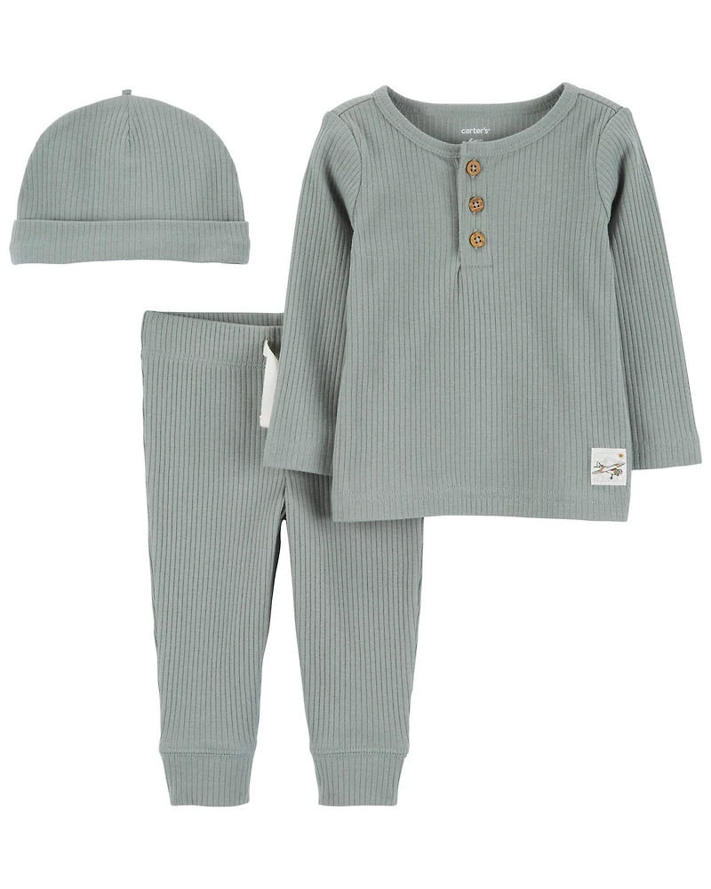 Baby 3-Piece Ribbed Outfit Set - Green