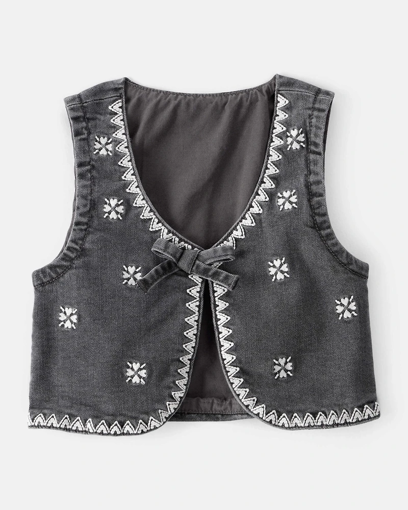 Baby Girl Western Denim Sleeveless Vest - Grey