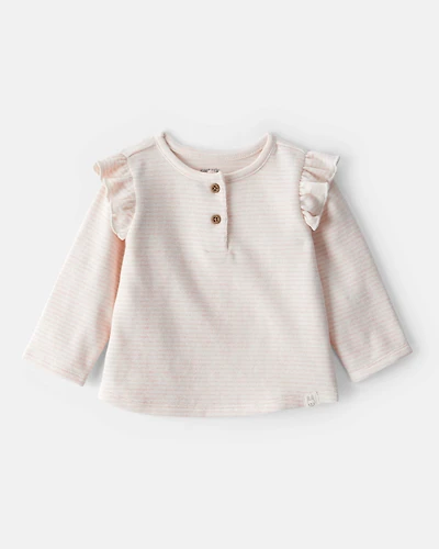 Baby Girl Striped Flutter-Sleeve Long-Sleeve Top - Pink/Cream