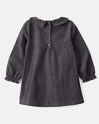 Toddler Girl Floral Motif Chambray Long-Sleeve Dress - Grey