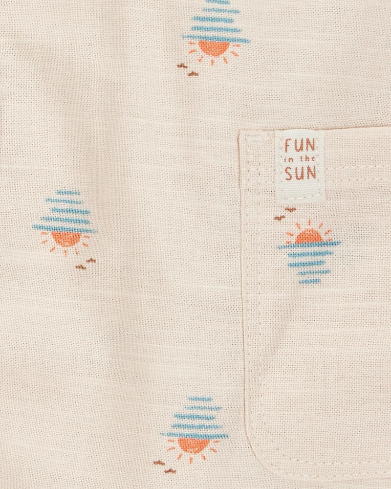 Baby Boy Button-Front Sunset Print Sleeveless Romper - Tan