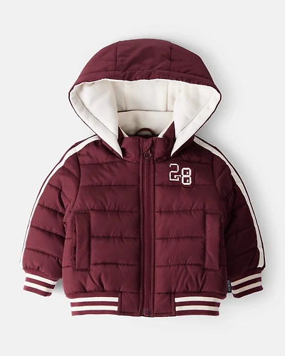 Baby Boy Striped Sleeves Hooded Puffer Jacket - Red
