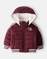 Baby Boy Striped Sleeves Hooded Puffer Jacket - Red