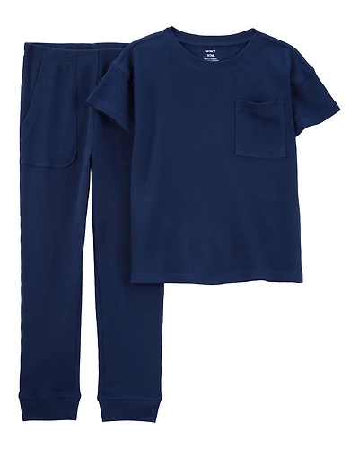 Boys Solid Loose Fit Waffle Knit 2-Piece Pajamas