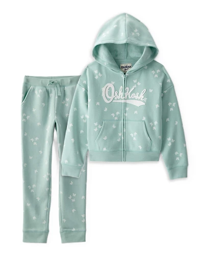 Girls 2-Piece DayDream Fleece Floral Hooded Zip-Up Jacket & Drawstring Joggers Set - Green