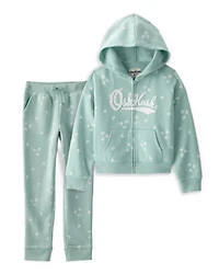 Girls 2-Piece DayDream Fleece Floral Hooded Zip-Up Jacket & Drawstring Joggers Set - Green