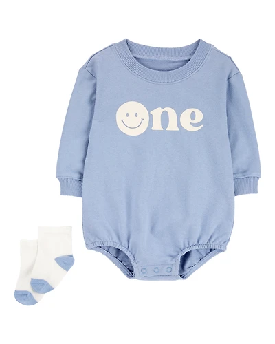 Baby Boy 2-Piece Birthday Bubble & Socks Set - Blue/White