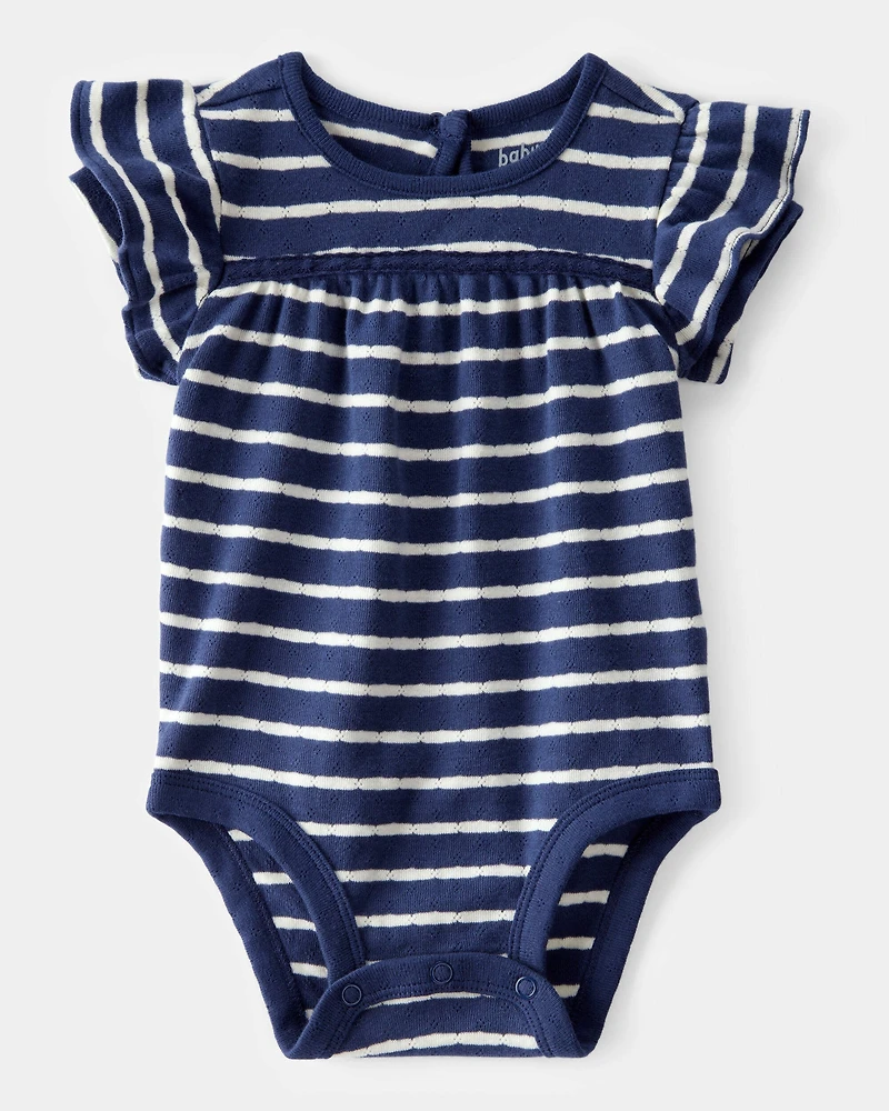 Baby Pointelle Striped Ruffle  Short-Sleeve Bodysuit - Navy/White