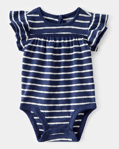 Baby Pointelle Striped Ruffle  Short-Sleeve Bodysuit - Navy/White