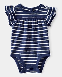 Baby Pointelle Striped Ruffle  Short-Sleeve Bodysuit - Navy/White