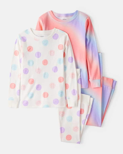 Girls Rainbow Print 100% Cotton Long-Sleeve 4-Piece Pajamas - White