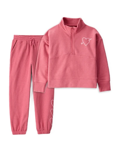 Girls 2-Piece Heart Print Hoodie & Joggers Set - Pink
