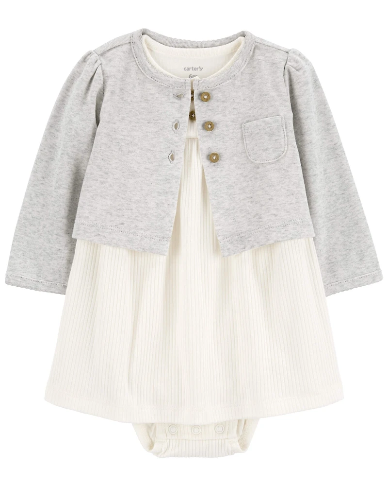 Baby Girl 2-Piece Bodysuit Dress & Cardigan Set - Grey/White