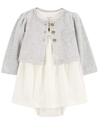 Baby Girl 2-Piece Bodysuit Dress & Cardigan Set - Grey/White