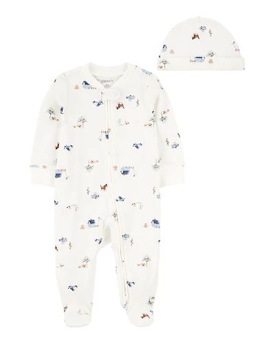 Baby 2-Piece 2-Way Zip Sleep & Play Cap Set - Ivory/Blue