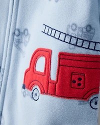 Baby Boy Firetruck Print Loose Fit Long-Sleeve 2-Way Zip 1-Piece Pajamas - Blue