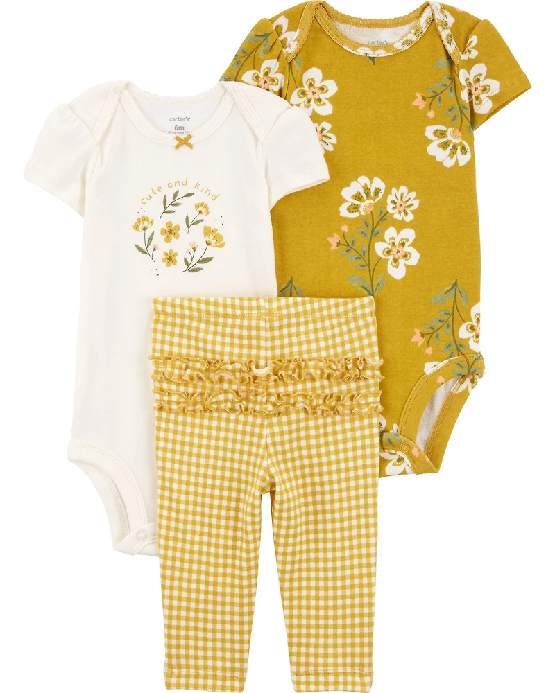Baby Girl 3-Piece Floral Outfit Set - Ivory/Mustard
