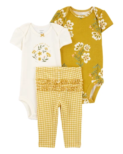 Baby Girl 3-Piece Floral Outfit Set - Ivory/Mustard