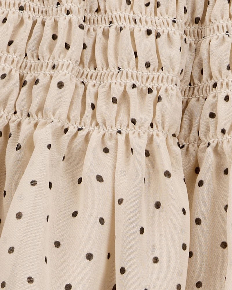 Kid 2-Piece Butterfly Pointelle Tee & Polka Dot Chiffon Skirt Set - Tan/White