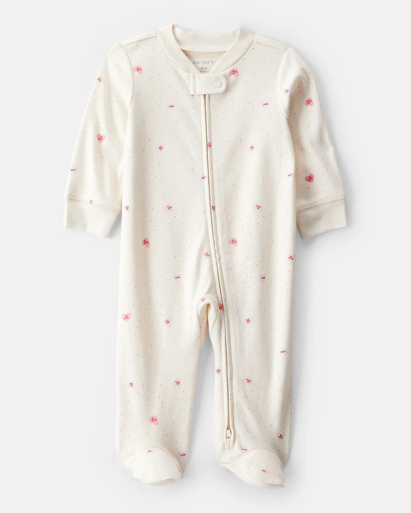 Baby Girl Valentine's Day Candy Heart 100% Cotton Snug Fit 2-Way Zip Sleep & Play Pajamas - Cream