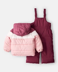 Toddler Girl 2-Piece Color Block Hooded Snowsuit Jacket & Bib Set - Pink/Red