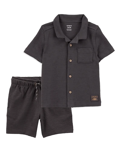 Toddler 2-Piece Textured Button-Down Jacquard Shirt & Shorts Set - Brown/Black