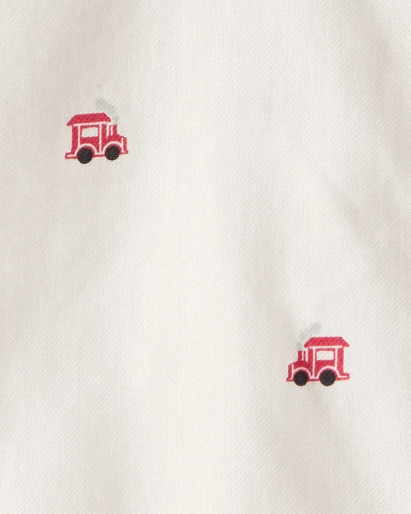 Toddler Boy Train Print  Button-Down Shirt - White