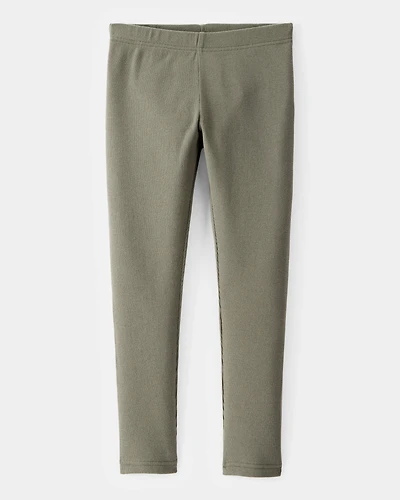 Girls Solid Cotton Ribbed Stretch Leggings - Green