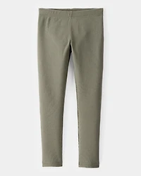 Girls Solid Cotton Ribbed Stretch Leggings - Green