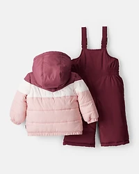 Baby Girl 2-Piece Color Block Hooded Snowsuit Jacket & Bib Set - Pink/Red