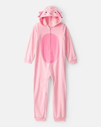 Girls Axolotl Fleece Long-Sleeve Snug Fit Zip-Up 1-Piece Pajamas - Pink