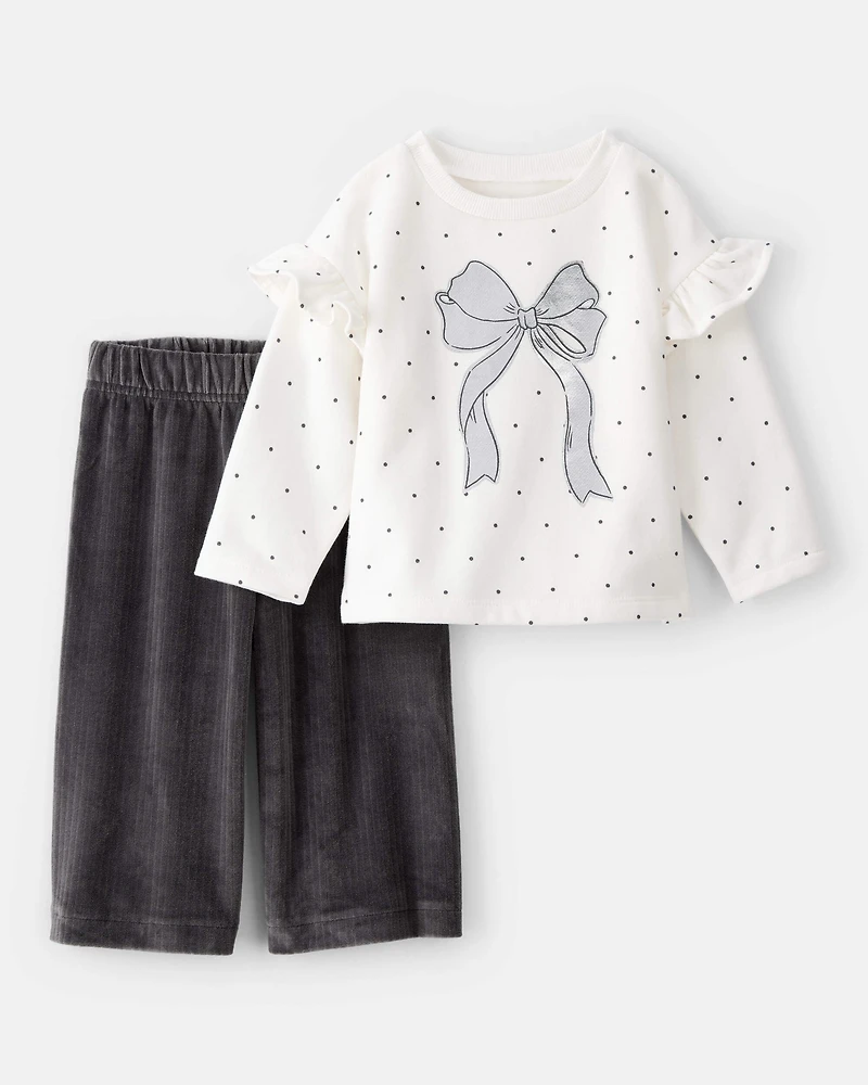 Baby Girl Fleece Ruffle Sleeve Bow Top & Rib Pant Set