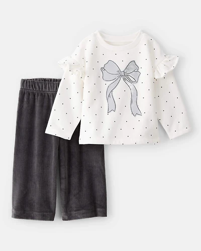 Baby Girl Fleece Ruffle Sleeve Bow Top & Rib Pant Set